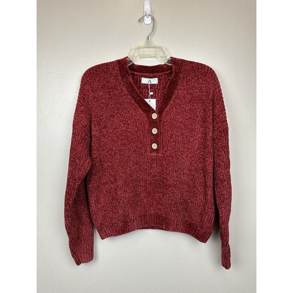 Sweaters for Women V Neck Long Sleeve Pullover Knit Top With 3 Buttons Red - Picture 1 of 8